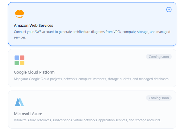 Showing AWS selected, GCP and Azure grayed out with a 'coming soon' badge